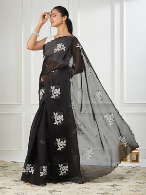 Organza black embroidered saree 3