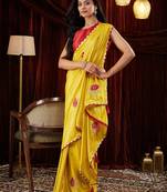 Silk blend yellow patchwork embroidered saree