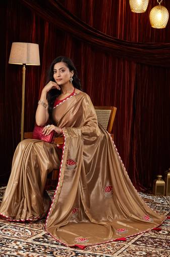 Silk blend brown patchwork embroidered saree
