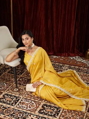 Pure georgette yellow embroidered saree 1