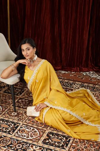 Pure georgette yellow embroidered saree