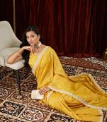 Pure georgette yellow embroidered saree