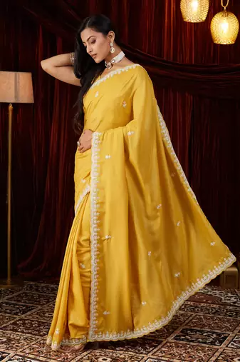 Pure georgette yellow embroidered saree