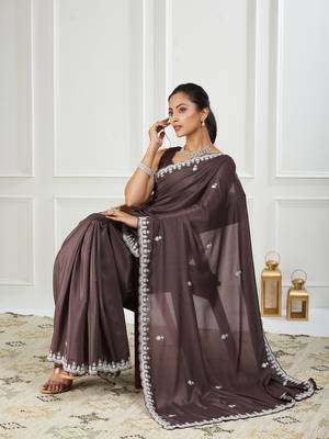 Pure georgette brown embroidered saree 1