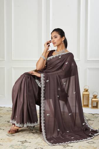 Pure georgette brown embroidered saree