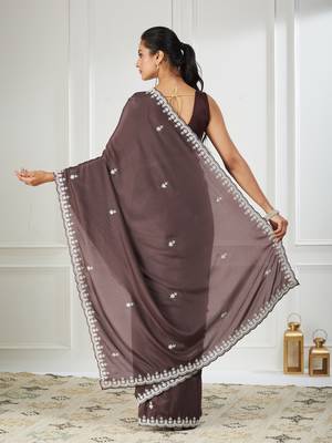 Pure georgette brown embroidered saree 3