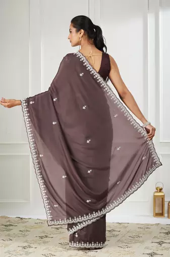 Pure georgette brown embroidered saree