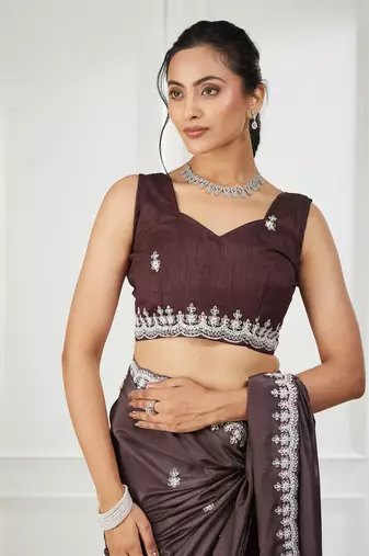 Pure georgette brown embroidered saree