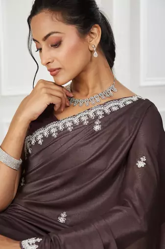 Pure georgette brown embroidered saree