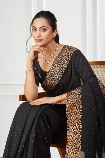 Silk blend black embroidered saree
