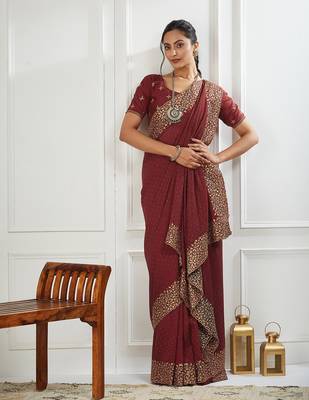 maroon embroidered silk blend saree 1