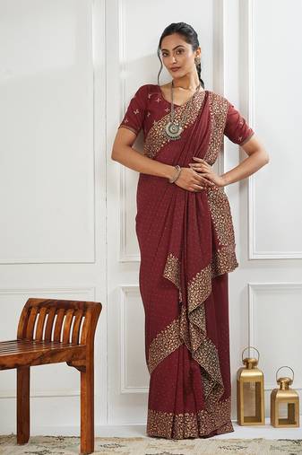 maroon embroidered silk blend saree