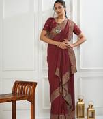 maroon embroidered silk blend saree