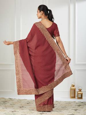 maroon embroidered silk blend saree 2
