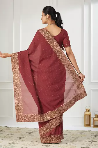 maroon embroidered silk blend saree