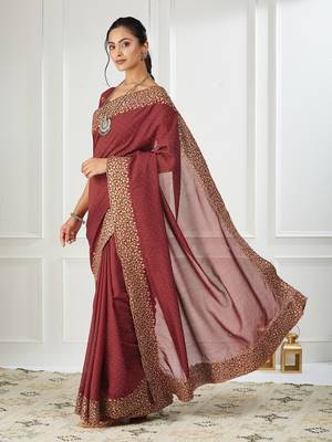 maroon embroidered silk blend saree 3