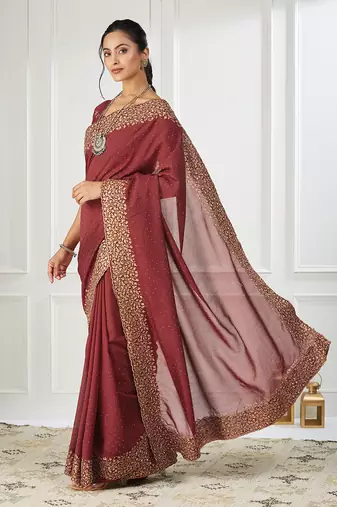 maroon embroidered silk blend saree
