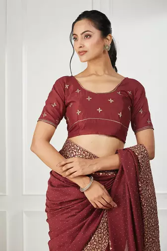 maroon embroidered silk blend saree