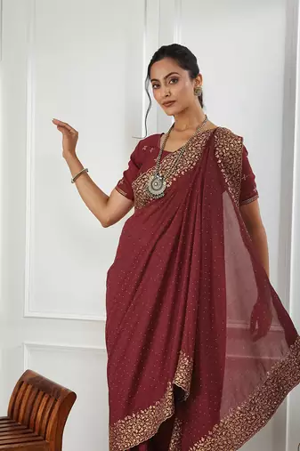 maroon embroidered silk blend saree
