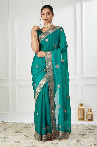 blue embroidered silk blend saree