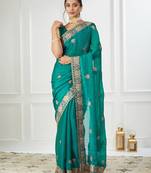 blue embroidered silk blend saree
