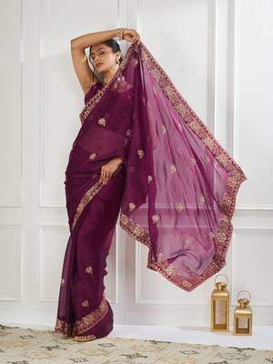 purple embroidered silk blend saree 1