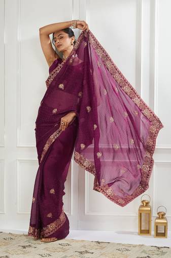 purple embroidered silk blend saree