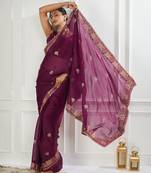 purple embroidered silk blend saree