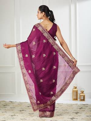 purple embroidered silk blend saree 2