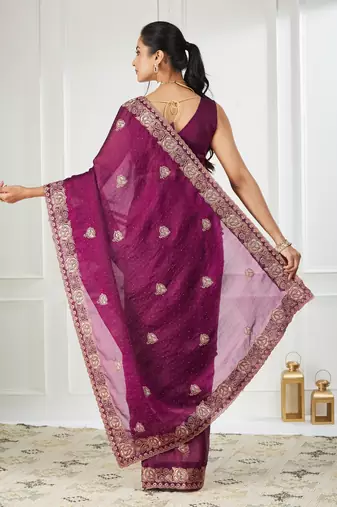purple embroidered silk blend saree