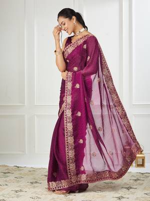 purple embroidered silk blend saree 3