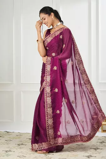 purple embroidered silk blend saree