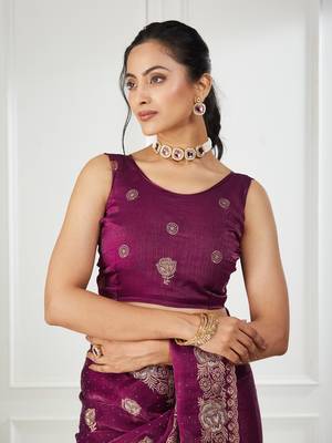 purple embroidered silk blend saree 4
