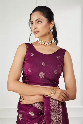purple embroidered silk blend saree