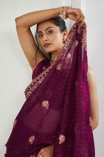 purple embroidered silk blend saree