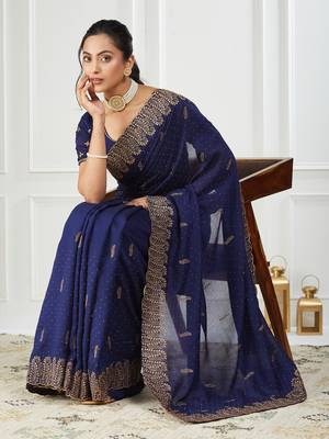 blue embroidered silk blend saree 1