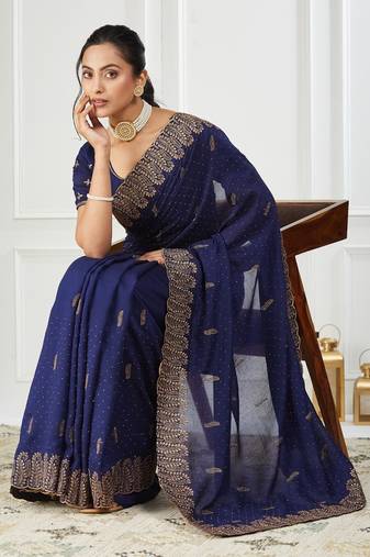 blue embroidered silk blend saree