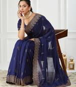 blue embroidered silk blend saree