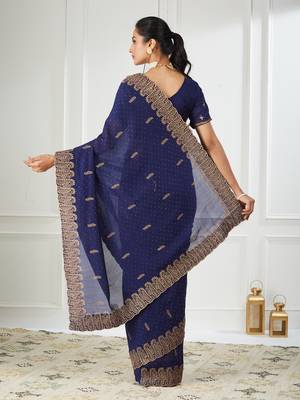 blue embroidered silk blend saree 2