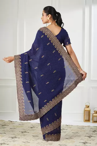 blue embroidered silk blend saree