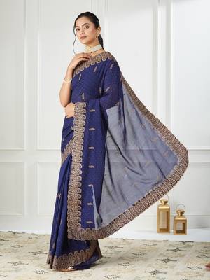 blue embroidered silk blend saree 3
