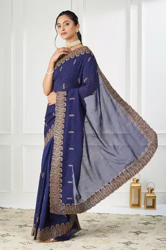 blue embroidered silk blend saree