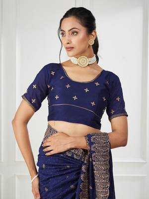 blue embroidered silk blend saree 4