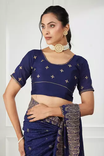 blue embroidered silk blend saree