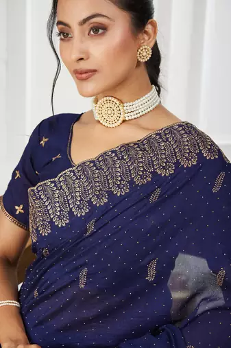 blue embroidered silk blend saree