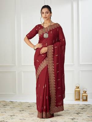 maroon embroidered silk blend saree 1