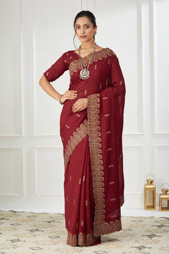maroon embroidered silk blend saree