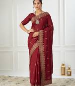 maroon embroidered silk blend saree