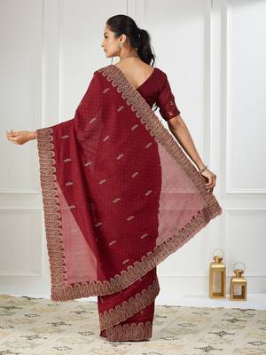 maroon embroidered silk blend saree 2