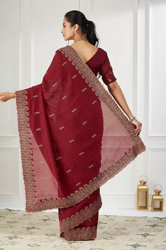 maroon embroidered silk blend saree